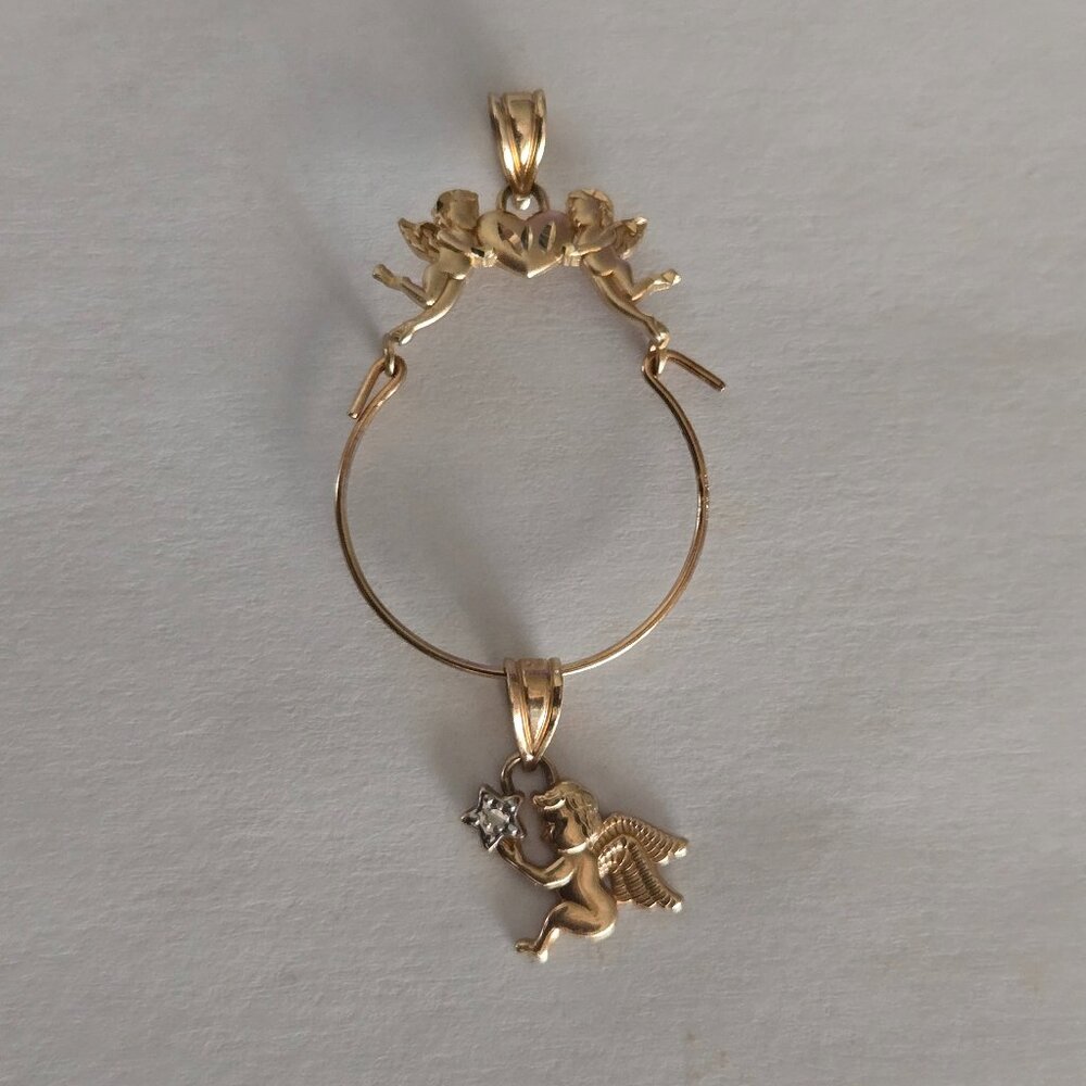 14K Yellow Gold Michael Anthony Cherub Charm Holder with Cherub Angel Pendant